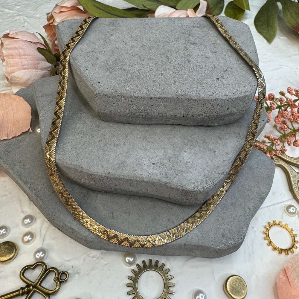 Vintage Style Two Tone Gold Silver Chevron Herringbone Flat Snake Chain Necklace